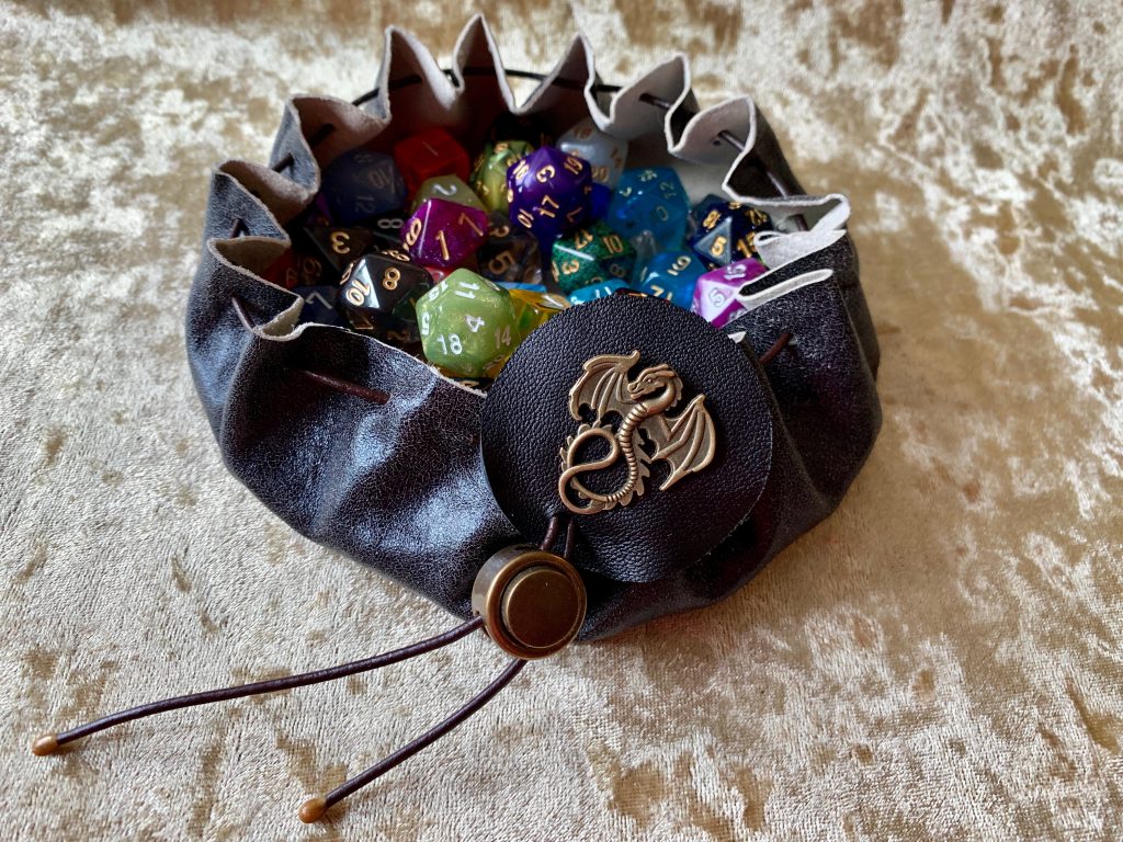 Grey dice bag pouch in black genuine leather for DnD rpg dice or coins
