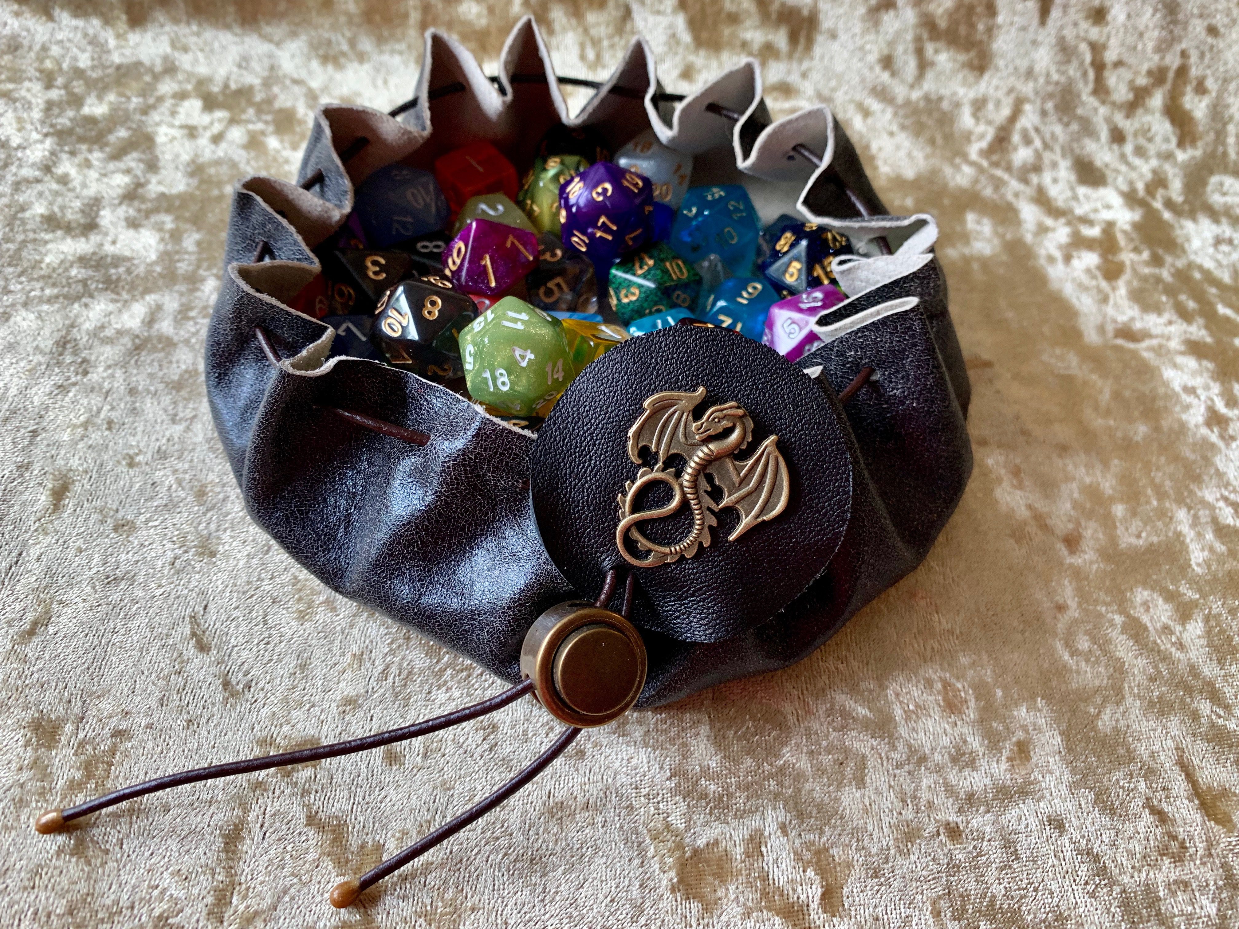 Grey dice bag pouch in black genuine leather for DnD rpg dice or coins