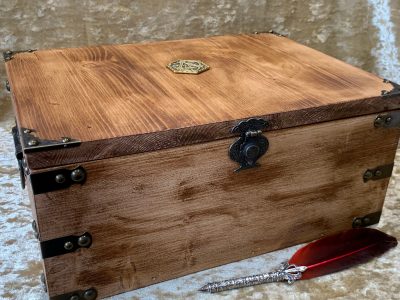 Fantasy Wood Box Chest Dungeons and Dragons wooden Chest with metal D20 Crit Emblem DnD Dice Box Druid Cleric Wizard DM gift