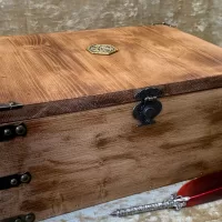 Fantasy Wood Box Chest Dungeons and Dragons wooden Chest with metal D20 Crit Emblem DnD Dice Box Druid Cleric Wizard DM gift