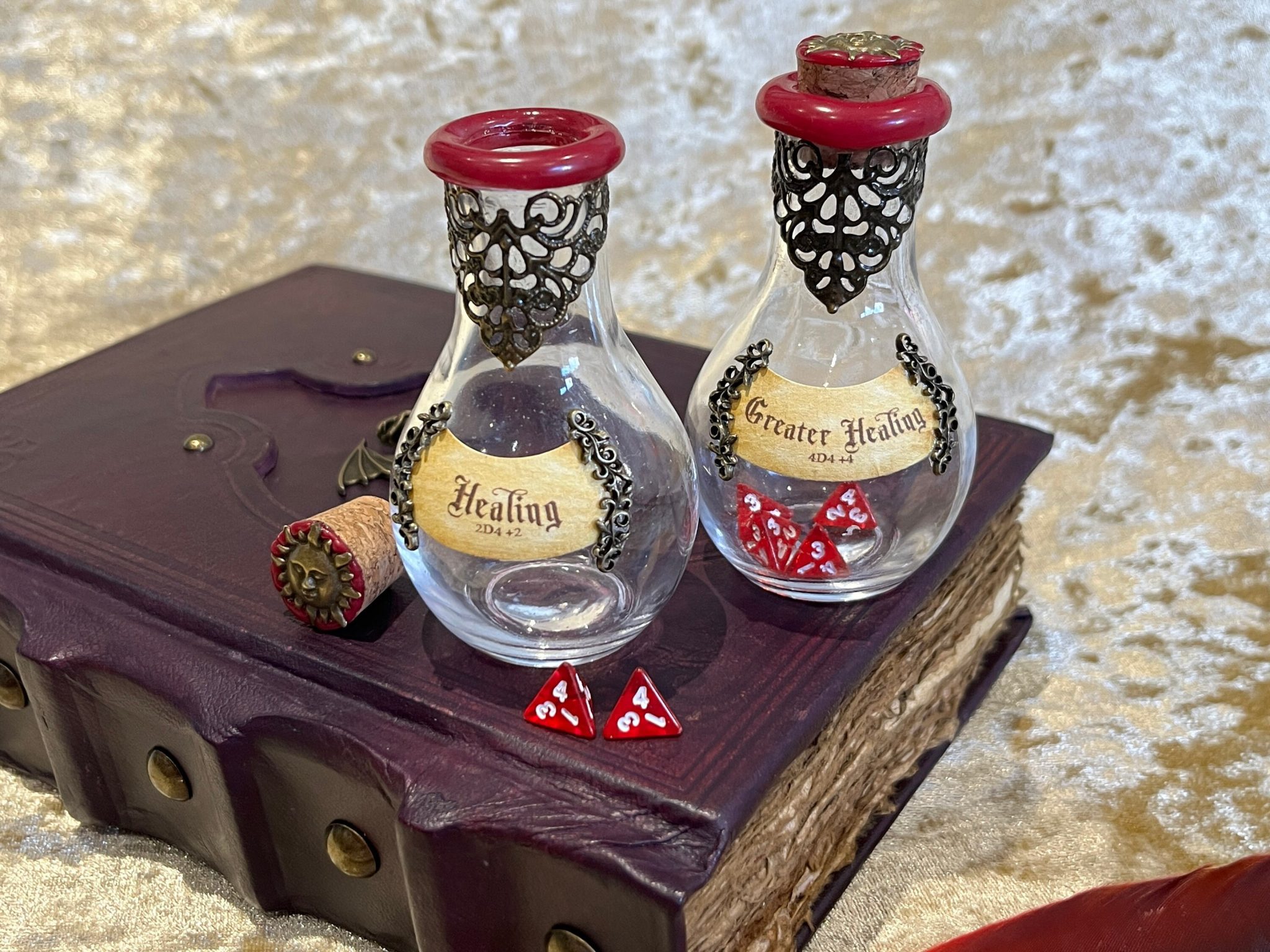 DnD rpg dice boxes for Dungeons and Dragons, dice bags, healing potions