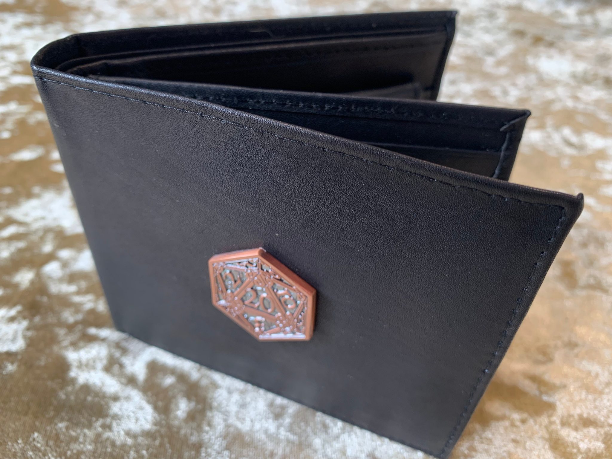 Wallet Rose Gold D20 Mens Black Leather Wallet with Coin Pouch DnD Gift.