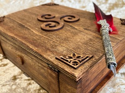 Wood Book Box with Wooden embellishments for Dungeons & Dragons RPG - Beautiful Book of Shadows Grimoire Book Box for Dungeons and Dragons.