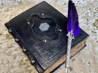 Leather A5 Silver D20 Notebook, Tome, Grimoire, Spell Book,  with Fantasy Embellishments and blank deckled parchment