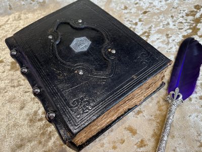 Leather A5 Silver D20 Notebook, Tome, Grimoire, Spell Book,  with Fantasy Embellishments and blank deckled parchment - Image 2