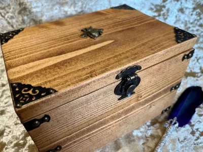 Fantasy Wooden Box RPG Wood Treasure Chest Gift for Dungeons and Dragons Dice Box or Witch Chest with metal Bee