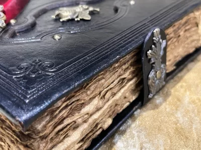 Leather A5 Notebook, Tome, Grimoire, Spell Book with Fantasy Embellishments and blank deckled parchment - Image 5