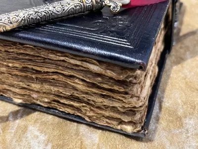 Leather A5 Notebook, Tome, Grimoire, Spell Book with Fantasy Embellishments and blank deckled parchment - Image 7