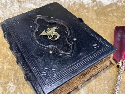 Leather A5 Notebook, Tome, Grimoire, Spell Book with Fantasy Embellishments and blank deckled parchment