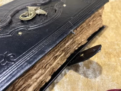 Leather A5 Notebook, Tome, Grimoire, Spell Book with Fantasy Embellishments and blank deckled parchment - Image 7