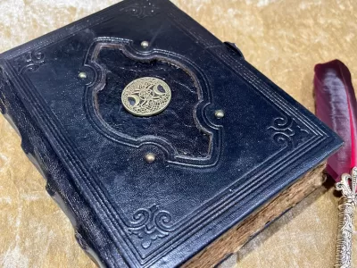 Leather A5 Notebook, Tome, Grimoire, Spell Book with Fantasy Embellishments and blank deckled parchment