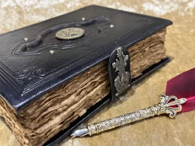Leather A5 Notebook, Tome, Grimoire, Spell Book with Fantasy Embellishments and blank deckled parchment - Image 2