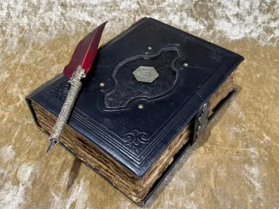 Leather A5 Notebook, Tome, Grimoire, Spell Book with Fantasy Embellishments and blank deckled parchment