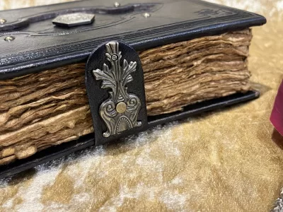 Leather A5 Notebook, Tome, Grimoire, Spell Book with Fantasy Embellishments and blank deckled parchment - Image 6