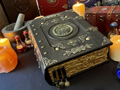 Mayan Aztec Navy Black | Leather Notebook | Tome | Grimoire | Spell Book - A4 LARGE | Fantasy DnD | Witchcraft | blank Deckled Parchment