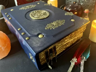 Mayan Aztec Navy Blue | Leather Notebook | Tome | Grimoire | Spell Book - A4 LARGE | Fantasy DnD | Witchcraft | blank Deckled Parchment