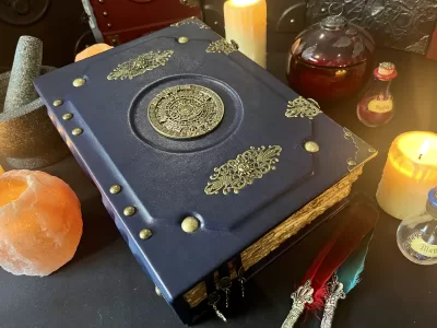 Mayan Aztec Navy Blue | Leather Notebook | Tome | Grimoire | Spell Book - A4 LARGE | Fantasy DnD | Witchcraft | blank Deckled Parchment