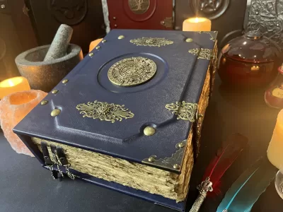 Mayan Aztec Navy Blue | Leather Notebook | Tome | Grimoire | Spell Book - A4 LARGE | Fantasy DnD | Witchcraft | blank Deckled Parchment